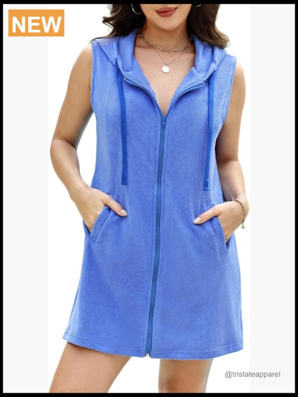 Sleeveless Hooded Zipper Terry Cloth Beach Cover Up with Pockets